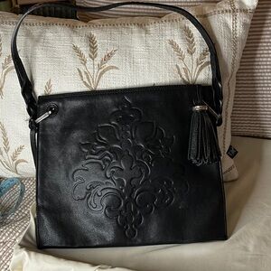 Brighton Elegant Black Embossed Leather Bag by Brighton with Tassel and Charm